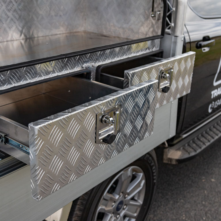 1800 Side opening tool box with external drawers - Checker plate